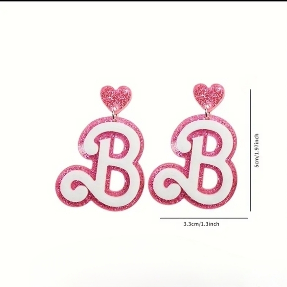 Creative Letter B Dangle Earrings Acrylic Pink with Glitter Barbie‎ - Picture 4 of 6